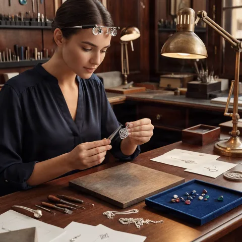 A young female jewelry designer seated at a fine workbench, wearing a dark blouse and magnifying glasses pushed onto her forehead. She holds an elegant silver pendant with precision tweezers. Gemstones, tiny chains, engraving tools, velvet trays, brass lamps, and sketches cover the desk. Luxury craftsmanship photography, realistic hands, metal reflections, and fine detail.