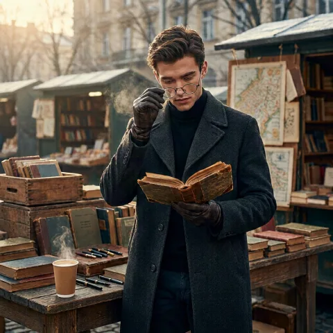 A handsome young man browsing an old outdoor book market in the early morning, wearing a charcoal wool coat, black turtleneck, and leather gloves. He holds an antique book open in one hand while the other hand lifts his round glasses slightly. Around him are weathered books, stacked wooden crates, yellowing maps, fountain pens, and a steaming paper cup of coffee on the table. Soft winter sunlight, cinematic realism, refined details, intellectual and slightly mysterious mood.