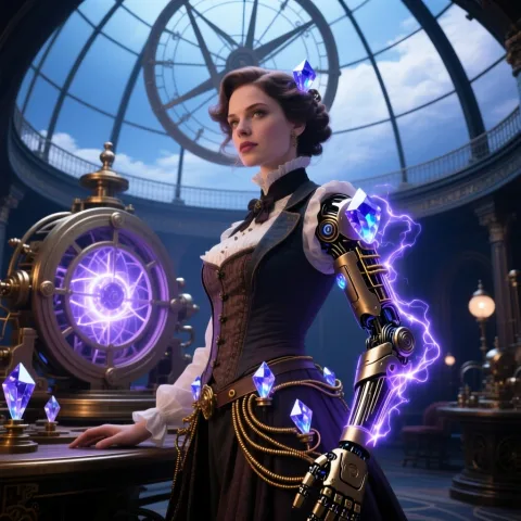 Aetherpunk movie poster. An arcane engineer dressed in Victorian-style finery, but her attire is embedded with glowing aether crystals and brass wiring. One of her arms is an intricate prosthetic limb capable of channeling and shaping arcane energy. She stands inside a grand observatory, with a complex astrolabe and a massive machine harvesting aether from the atmosphere in the background. The composition is elegant and powerful. The primary light source is the soft, blue-violet glow from the aether crystals and the machine's core, creating a mysterious, retro atmosphere where magic and science intertwine. The image is exquisite and ornate, filled with fantastical inventions and classical beauty.




