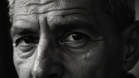 An intimate, high-contrast black and white close-up portrait of an elderly man with deep wrinkles. His eyes are filled with wisdom and melancholy. Dramatic side lighting (chiaroscuro), capturing the texture of his skin, style of street photography, grainy, powerful and emotional.