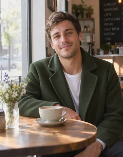 Change the denim jacket to a dark green wool overcoat. Keep the man, his pose, the cafe and the lighting exactly the same.