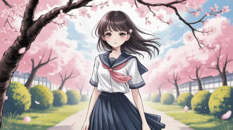 Anime-style schoolgirl under cherry blossoms, soft pastel palette, glowing petals, 2D cel-shaded style, dramatic lighting