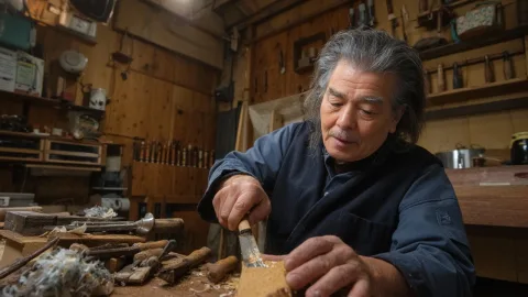 masterpiece, award-winning photograph, ultra-realistic, (photorealistic:1.4), 8K, RAW photo, extremely detailed, soulful and poignant. An elderly 75-year-old Japanese woodworker, his weathered face a topographical map of his life with deep wrinkles, intensely focused yet kind eyes shining in the dim light. He wears a faded indigo traditional samue, its fabric softened by countless washes, cuffs frayed. He is hunched over a heavy, century-old keyaki wood workbench, scarred with cuts and littered with wood shavings. His gnarled, skillful hands, calloused and stained, are carefully carving an intricate pattern onto a piece of fragrant hinoki cypress wood with a family heirloom chisel, its blade gleaming. Hand-forged tools hang neatly on a pegboard wall behind him, a small shinto shrine sits in a corner. The scene is solely illuminated by a single, unshielded incandescent bulb, casting a pool of intense, warm light and long, dramatic shadows, highlighting the rich texture of the wood, the weathered skin, and the dust motes dancing in the golden beam. Macro shot focusing on his hands and the carving tool, extremely shallow depth of field. Shot on a Canon EOS R5 with a 100mm f/2.8L macro lens.
