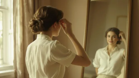 A vintage-style photograph of a young woman in a crisp white blouse gently adjusting her hair before a tall mirror. The room is softly lit by window light, and subtle dust particles float in the air. The mirror reflects a faded warmth, like a memory from the past.