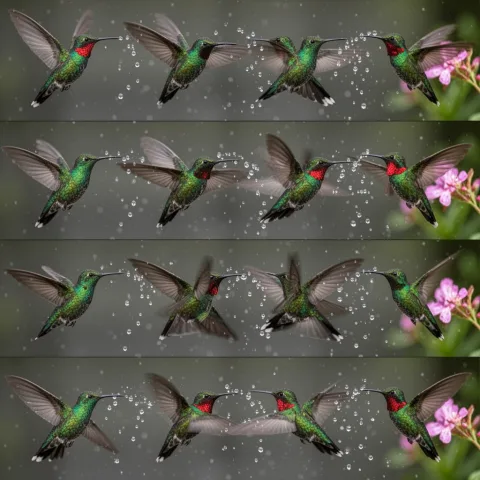 Single frame containing 12 sequential phases of a hummingbird's wing beat cycle arranged in horizontal strip like Muybridge motion study, each phase showing slightly different wing position from full upstroke to full downstroke, iridescent green feathers catching light differently at each angle, frozen water droplets from nearby fountain at different positions showing trajectory, ruby red throat gorget flashing at different intensities, flower remaining static while bird moves, high-speed photography aesthetic at 10000fps equivalent, scientific motion analysis composition, each of the 12 instances razor sharp