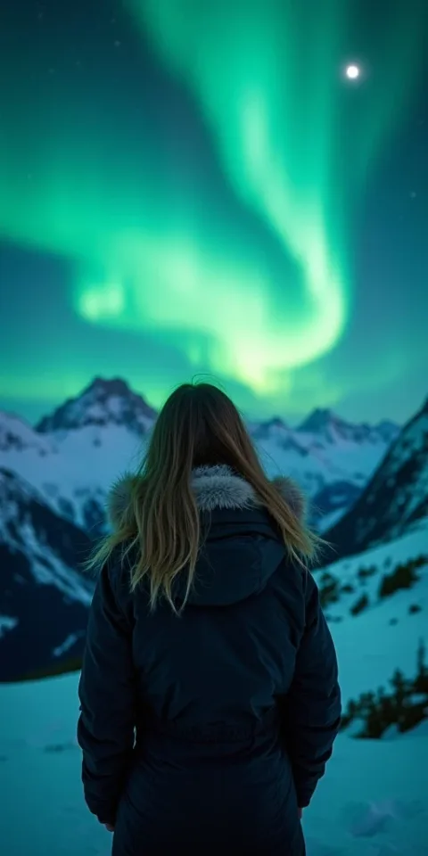 A stunning girl in Norway?s mountains, taking in the aurora borealis in a realistic style. IMG_1018.CR2
