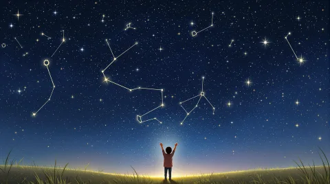 A fantasy-styled illustration of a child standing in an open field under a vast star-filled sky. They raise their hands toward the constellations, as faint magical trails connect stars into glowing shapes. The atmosphere is peaceful, otherworldly, and full of wonder.