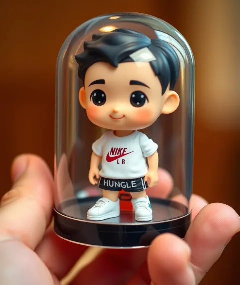 A cute, chibi-style male figurine inside a transparent capsule case, realistic lighting and depth of field, wearing a white Nike t-shirt with `HL` printed on it, black shorts with `HUNGLE` written, white Adidas sneakers, short black hair, cheerful smile, soft skin texture, held by a human hand with blurred warm background, highly detailed, realistic toy design