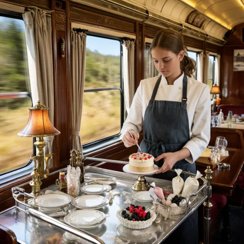 A young female pastry chef standing inside an elegant vintage train dining car, decorating a small cake on a silver trolley while the landscape blurs past the window. She wears a crisp white jacket and dark apron, surrounded by piping bags, berries, sugar decorations, porcelain plates, brass lamps, and polished wood. Warm cinematic travel atmosphere, detailed craftsmanship, photorealistic.