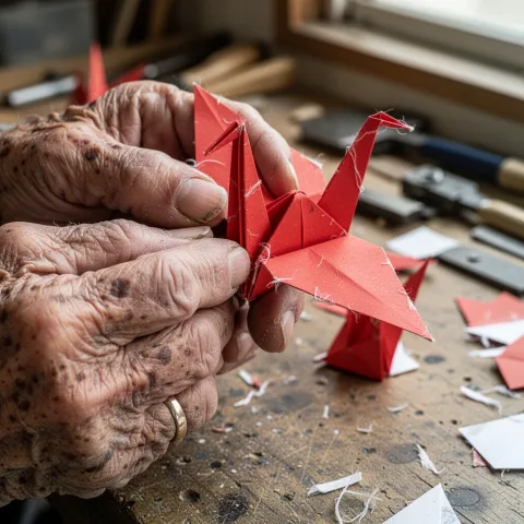 Extreme close-up of elderly Japanese craftsman's weathered hands performing intricate origami, fingers precisely folding red washi paper into a crane, each fold creating sharp geometric creases, visible calluses and age spots on skin, short trimmed fingernails with slight dirt underneath, wedding ring on left hand worn thin from decades, paper fibers visible at fold edges, wooden workbench surface with scattered paper scraps, natural north-facing window light, shallow depth of field with background tools blurred, macro photography level detail, every fingerprint whorl visible