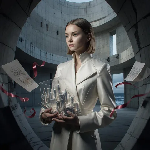 A cinematic editorial portrait of a young female architect standing alone inside a vast unfinished museum at blue hour. She wears a sculptural ivory coat with subtle geometric stitching and holds a transparent architectural model containing a miniature glowing city. Behind her, monumental curved concrete walls frame a narrow opening toward a stormy ocean. Loose sketches and red silk ribbons drift through the air as if caught in a sudden gust. Her expression is calm but determined, suggesting she is about to reveal a forbidden design. Dramatic side lighting, deep shadows, muted silver and cobalt palette with restrained crimson accents, sophisticated art direction, realistic skin texture, tactile materials, elegant negative space, layered composition, subtle film grain, premium fashion campaign, emotionally charged visual storytelling.