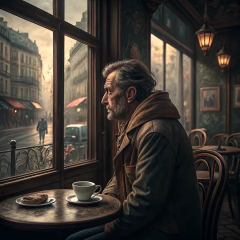 A middle-aged man sitting by a window in a Parisian café, moody lighting, warm tones, high-detail wrinkles and textures, photorealistic