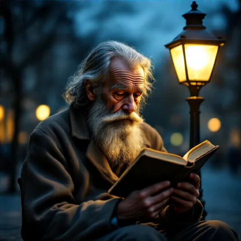 Old man with a long grey beard reading a book under a streetlamp at night, cinematic lighting, photorealistic, vintage atmosphere, 85mm lens