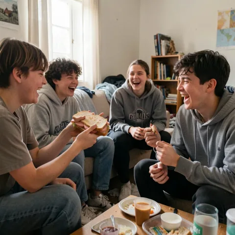 Gen Z students hanging out in a small apartment, simple food moment, one person holding a sandwich with bologna sausage, casual messy environment, laughter and authenticity, realistic lifestyle photography, focus on social connection