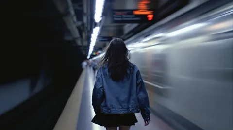 A grainy retro-inspired image of a young woman walking briskly along an underground subway platform, her denim jacket slightly oversized and skirt swaying with each step. Fluorescent lights flicker overhead, and the mood feels like a lost scene from a 90s urban diary.