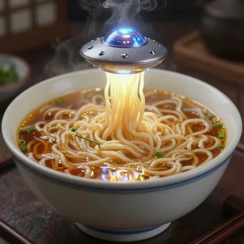 A hyper-realistic close-up of a giant ramen bowl with a tiny glowing UFO slowly descending onto the noodles, steam rising, rich broth reflections, surreal but delicious-looking detail