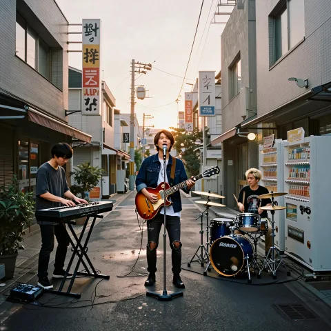 Realistic street photography in Japan at sunset, 35mm film look.
Use image1 as the reference for the alley: same buildings, shop signs, vending machines, bicycles, perspective and warm evening light on the wet pavement.
Replace the single person in the center with a three-member Japanese band performing in the street.
On the left side of the alley, place a keyboard player standing behind a portable electronic keyboard on a stand.
In the center, place the guitarist who is also the lead singer, facing the camera slightly, holding an electric guitar and singing into a microphone stand.
On the right side, near the vending machines, place the drummer sitting behind a compact drum kit.
Keep their outfits casual and modern, like an indie band.
Preserve the original color tones and soft lighting of image1, natural lens perspective, shallow contrast, subtle grain, realistic candid street photo style, no added text.