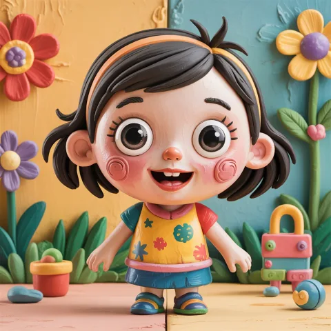 A cute claymation-style little girl with big round eyes and chubby cheeks, textured clay surface with visible fingerprints, simple bright clothing with playful patterns, stop-motion style subtle jitter in movements, pastel color background with hand-crafted props like flowers and toys, slow zoom-in focusing on her cheerful smile, tactile and whimsical vibe, high-quality animated video