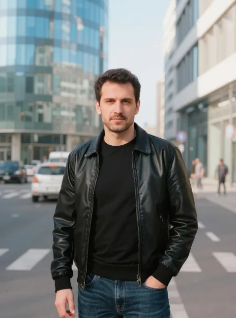 a man in his 30s standing on a busy modern street, wearing a black leather jacket and jeans, background of glass buildings and cars, daytime, candid photography style