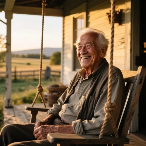 Sundance film festival poster, candid photo of an elderly man with a warm smile, sitting on a porch swing in a rustic countryside setting, golden hour lighting creating a soft glow, nostalgic and emotional mood, detailed wrinkles and fabric texture, shot on Kodak Portra 400 film, natural look


