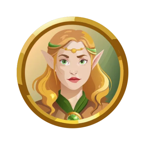 Oil-painted round icon of a forest elf girl, golden border, painterly brushwork, fantasy RPG UI design, decorative look