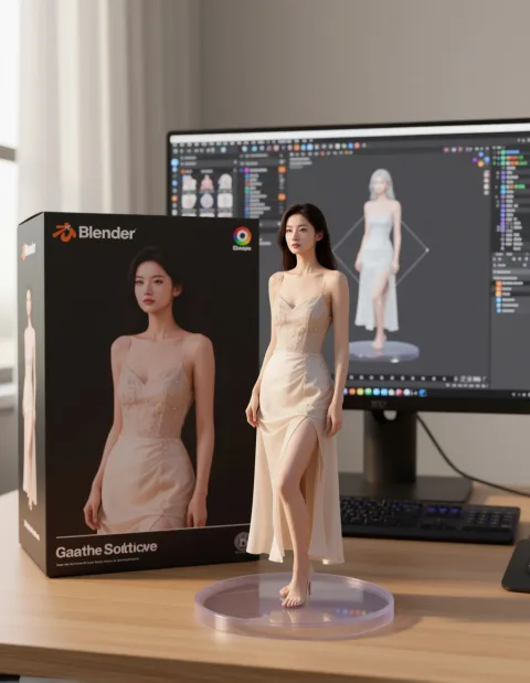 Turn this photo into a character figure. Behind it, place a box with the character's image printed on it, and a computer showing the Blender modeling process on its screen. In front of the box, add a round plastic base with the character figure standing on it .set the scene indoors if possible.