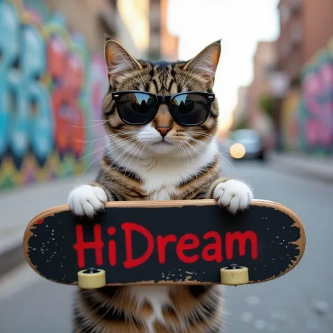 a cat wearing a sunglasses and holding a skateboard which has 'HiDream' written on it in red spray paint 