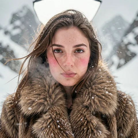 Photoreal cinematic fashion still, expensive outdoor editorial in snowy mountains during a strong blizzard. A young woman with the facial features from the second reference only (same bone structure, eyes shape, cheekbones, lips, brows), no sunglasses, no hood, no extra accessories. She wears a heavy natural fur coat like the first reference, wind whipping loose hair strands across her face, snowflakes stuck on hair and fur, visible cold breath, natural skin texture with pores and subtle freckles, slightly flushed cheeks from cold. Pose and camera angle match the first reference: medium close shot, straight-on perspective at eye level, filled frame, intense calm gaze slightly past the lens, not smiling. Environment: desaturated snowy landscape and rocky mountain forms blurred in the background, heavy snowfall and wind-driven snow streaks, shallow depth of field. Shot on Hasselblad H6D-100c, 120mm f/4 Macro lens, ISO 100, f/4, 1/200s, ultra-sharp center focus on the eyes, shallow DOF with softly blurred edges. Lighting: on-location large diffused softbox front-top at 45° for smooth even key, no harsh shadows; subtle rim light from behind to outline head and emphasize fur texture; silver/white reflector low front to lift shadows under nose and chin; clean controlled specular highlights on skin and hair, crisp micro-contrast only in the focal plane. Color grading: warm editorial grade, clean skin tones with preserved pores, minimal contrast, slight magenta shift in fur tones, subtle golden reflections in highlights, gentle cinematic softness plus fine high-quality micro-grain.