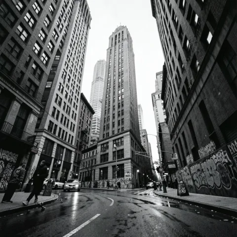 Black and white photo of New York City, skate culture aesthetic, strong focus on tall buildings and urban architecture, low angle perspective, gritty street vibe, raw and authentic mood, high contrast, grainy film photography, underground skate scene feeling, cinematic composition, moody lighting, urban attitude