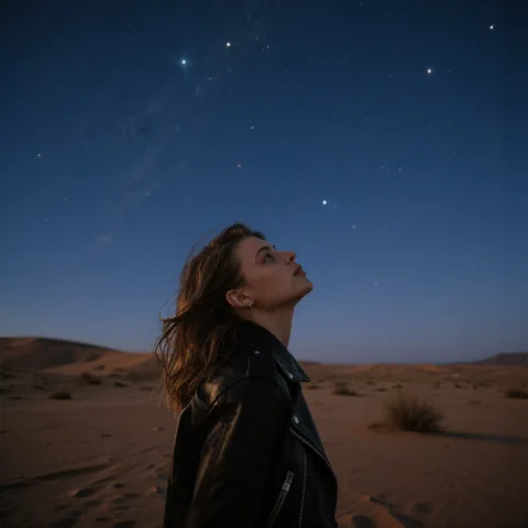 A woman stands in the desert, gazing up at the starry sky.