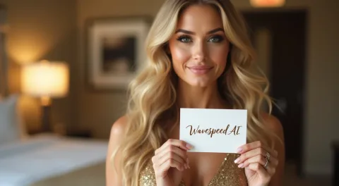 A glamorous young woman with long, wavy blonde hair and smokey eye makeup, posing in a luxury hotel room. She's wearing a sparkly gold cocktail dress and holding up a white card with “WavespeedAI” written on it in elegant calligraphy. Soft, flattering lighting enhances her radiant complexion.