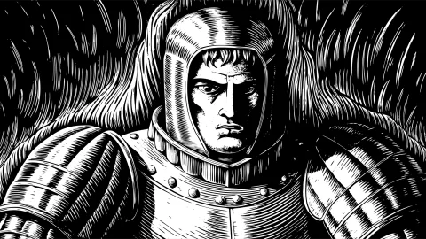 Woodcut-style portrait of a medieval knight, traditional linocut textures, strong black-and-white contrast, intricate lines, vintage book illustration