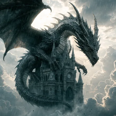 A massive ancient dragon coiled around a floating castle in the clouds, epic fantasy illustration, detailed scales, volumetric lighting, concept art style