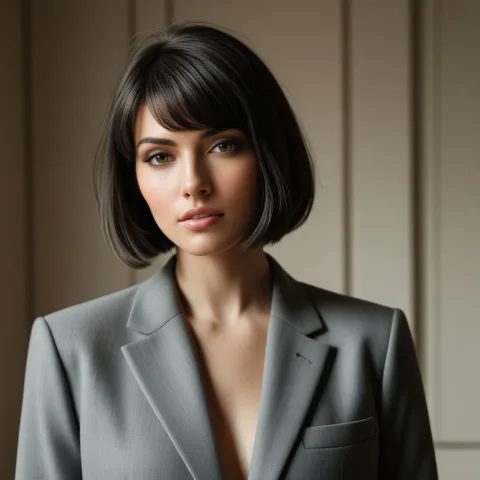 A chic, modern woman with a sharp, angular bob haircut. Her expression is cool and composed. She wears an oversized, tailored charcoal grey blazer, emphasizing clean lines. Posed in a minimalist architectural interior with geometric shapes and soft, indirect lighting. Clean lines, editorial photography, high fashion, neutral color palette, crisp details, 8K.