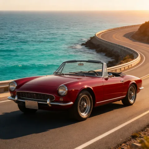 Change the car's color to glossy crimson red and move it to a winding coastal highway above turquoise sea at golden hour. Keep the car's exact design and angle, no logos.