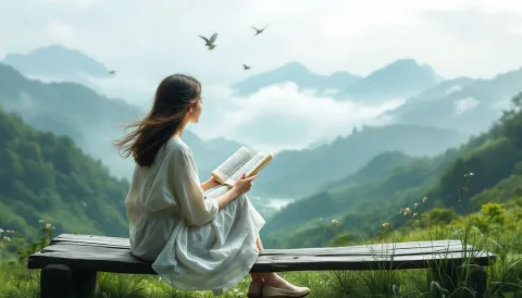 A peaceful moment of a girl reading on a wooden bench overlooking misty green mountains. Her clothes are light and flowing, a gentle wind brushes through her hair, and distant birds fly across the valley. The composition conveys stillness, nature, and introspection.