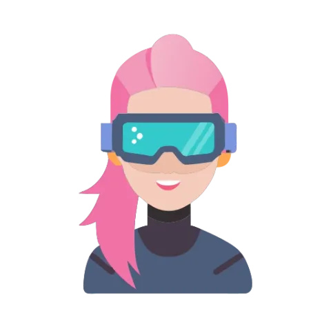Flat icon of a cyberpunk girl with pink hair and VR goggles, simple shapes, high contrast, modern UI design, clean vector look