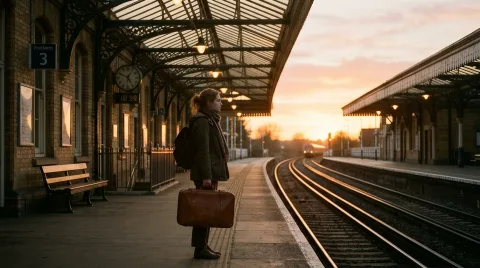 a quiet train platform at sunset, golden sunlight streaming through the station roof, a traveler holding a suitcase waiting alone, cinematic composition, film still, warm color grading, 35mm lens