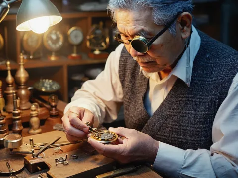 close-up photo of an elderly male watchmaker, his wrinkled face wearing a monocle loupe, intense focus in his eyes, repairing the intricate interior of an antique pocket watch. He is wearing a dark vest. The background is his dimly lit workshop, only a single warm yellow desk lamp illuminates his hands and the watch, tiny dust particles visible in the air. high-texture, shallow depth of field.

