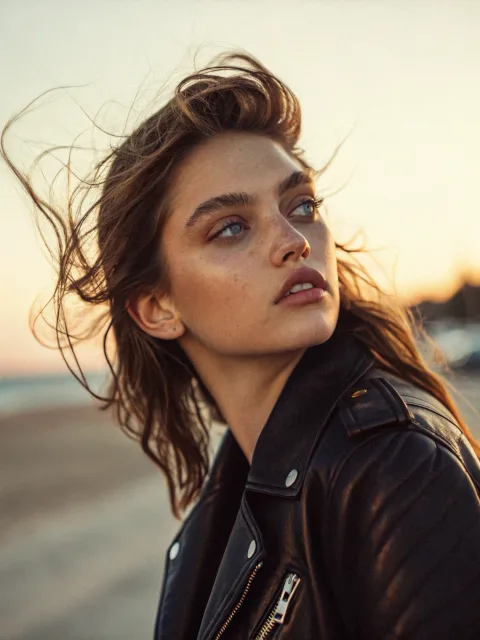 Ultra-realistic portrait of a young woman with windswept hair, wearing a leather jacket, golden hour lighting, 85mm lens, cinematic color grading, visible skin texture and pores