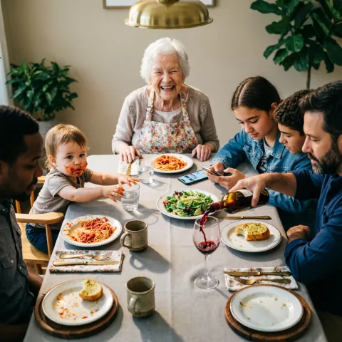 A rectangular dinner table shot from above at 45 degrees. Seated around it are 8 people of different ethnicities, ages, and body types. The elderly American grandmother at the head is mid-laugh with her eyes squeezed shut. The toddler in a high chair to her left has spaghetti smeared across both cheeks and is reaching with both hands toward a glass of water. A teenage girl across the table is secretly showing her phone screen to the boy next to her under the table — their hands and the phone visible beneath the tablecloth. A bearded man is pouring wine, the liquid caught mid-pour in a perfect arc. Each person casts correct shadows from the overhead pendant lamp. The table has 8 distinct place settings with different amounts of food remaining on each plate.