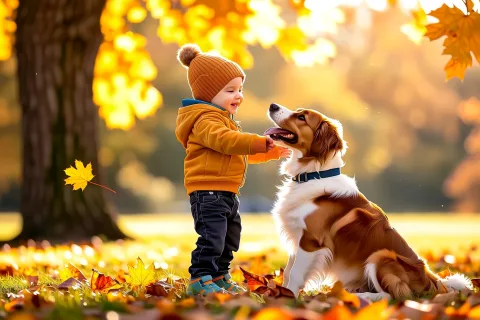 A kid playing with a dog in a sunlit park, fallen leaves, trees swaying in wind, golden hour lighting, spontaneous joyful expression