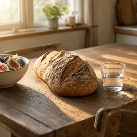 A rustic wooden kitchen table by a window with a freshly baked sourdough loaf, a ceramic bowl of ripe figs and a glass of water, warm morning sunlight casting long soft shadows, shallow depth of field, photorealistic food photography.