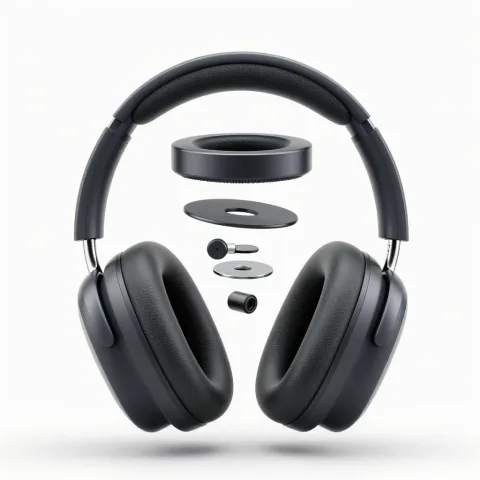 A clean exploded view diagram of modern over-ear headphones. All components are deconstructed and floating in mid-air to show the internal structure. White background, studio lighting, soft shadows, industrial design style, high resolution, photorealistic, 8k.