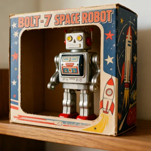 Create a retro collectible toy packaging design for this robot: place the same robot inside a vintage cardboard window box with bold 1950s space-age graphics, stars and rockets, and the title "BOLT-7 SPACE ROBOT" in chunky retro letters. Product photo on a shelf.