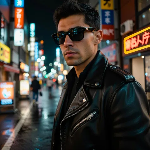 Medium shot portrait of a man in a black leather jacket, standing on a neon-lit Tokyo street at night. Rain-slicked pavement, vibrant neon signs reflected in his sunglasses, serious expression, looking directly at the camera, Blade Runner aesthetic, high contrast, sharp focus.