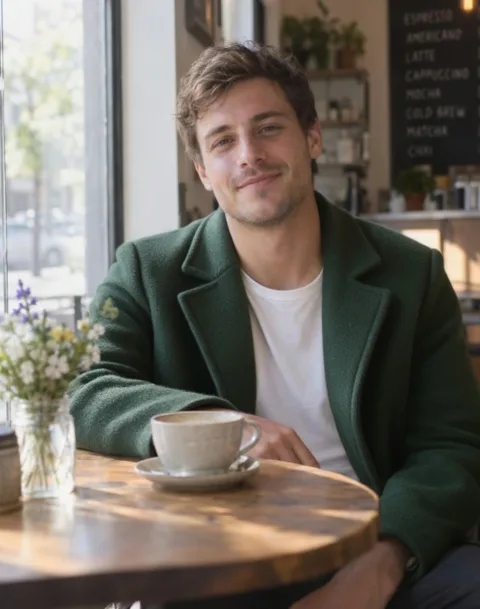 Change the denim jacket to a dark green wool overcoat. Keep the man, his pose, the cafe and the lighting exactly the same.