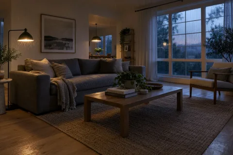 Turn the scene into a rainy evening: warm lamps switched on, dusk light through the window with raindrops on the glass. Keep the furniture and layout unchanged.
