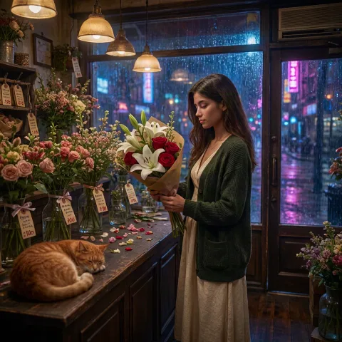 A beautiful young woman standing alone inside a small flower shop late at night, wearing a dark green cardigan over a cream dress, gently wrapping a bouquet of white lilies and deep red roses in brown paper. Warm hanging lamps illuminate glass vases, scattered petals, handwritten price tags, ribbons, and a sleepy orange cat curled on the counter. Outside the window, light rain reflects city neon. Cinematic realism, rich small details, soft warm lighting, elegant storytelling atmosphere.
