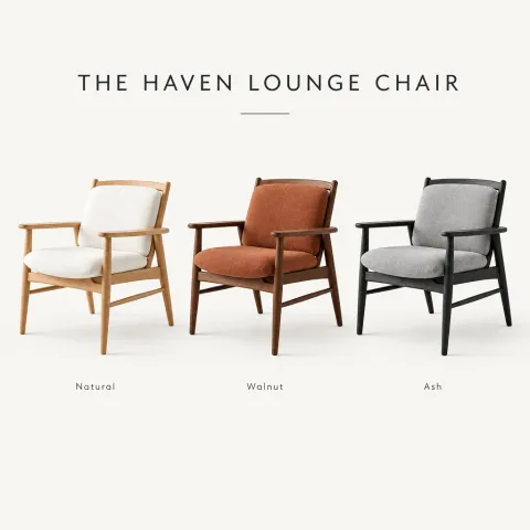 Create a clean furniture catalog page from this chair: show it in three colorways side by side (natural oak with white cushion, walnut with rust cushion, black ash with grey cushion), each labeled below in small type: "Natural", "Walnut", "Ash". Title at top: "THE HAVEN LOUNGE CHAIR". Minimal Scandinavian design layout.
